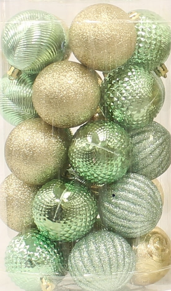 25-Pack of 60MM Christmas Ornaments (Gold/Green/White)