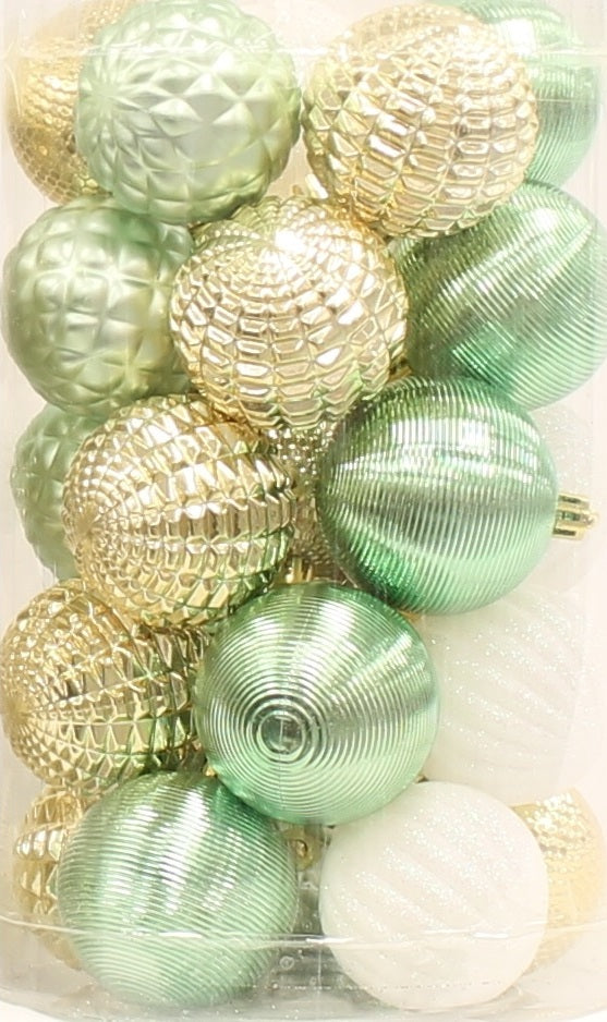 25-Pack of 60MM Christmas Ornaments (Gold/Green/White)