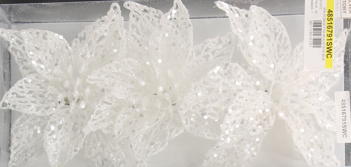 3-Pack of Glitter Poinsettia Silhouette Ornaments (White/Silver)