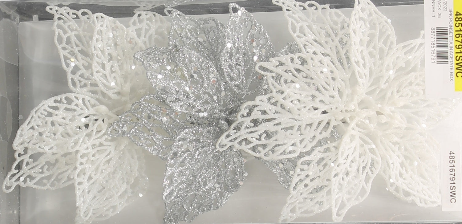 3-Pack of Glitter Poinsettia Silhouette Ornaments (White/Silver)