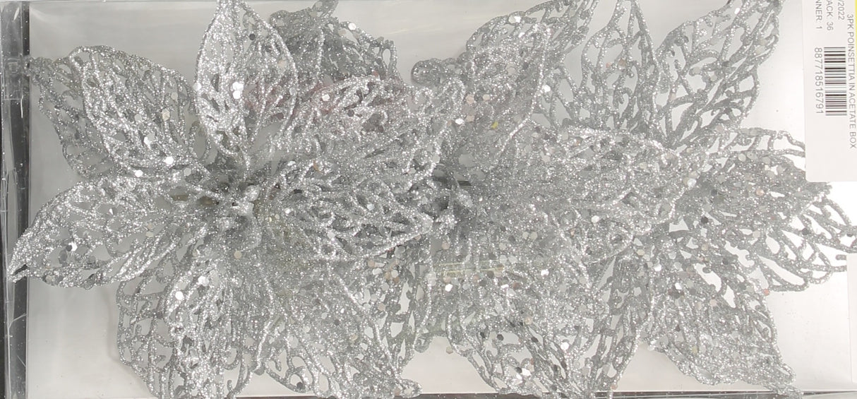 3-Pack of Glitter Poinsettia Silhouette Ornaments (White/Silver)
