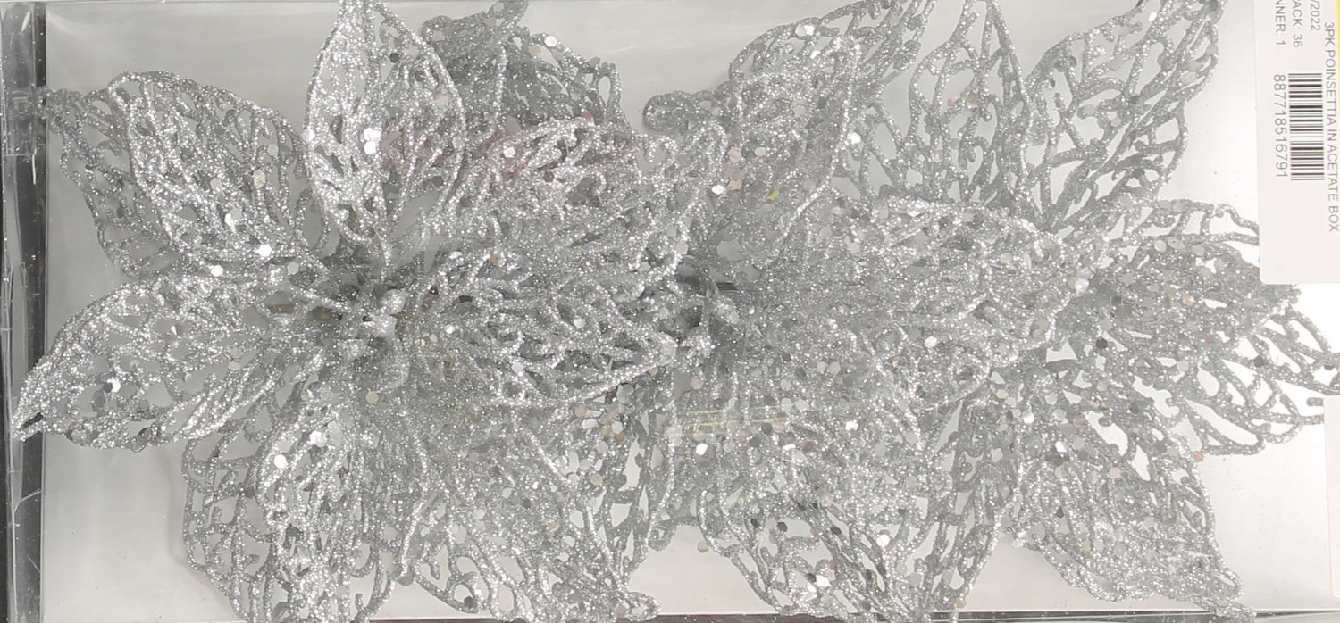 3-Pack of Glitter Poinsettia Silhouette Ornaments (White/Silver)