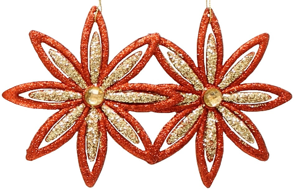 Set of 2 Gold Glitter Flower Ornaments