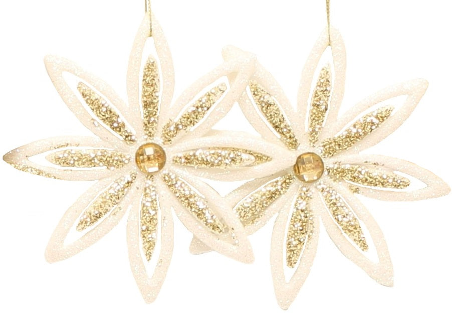 Set of 2 Gold Glitter Flower Ornaments