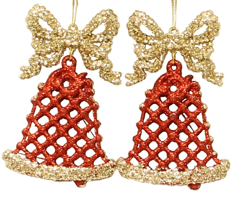 2-Pack of Glitter Bell Ornaments (White/Red/Gold)