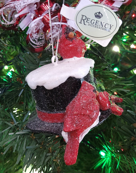 3" Resin Cardinals on Snowy Top Hat Ornament