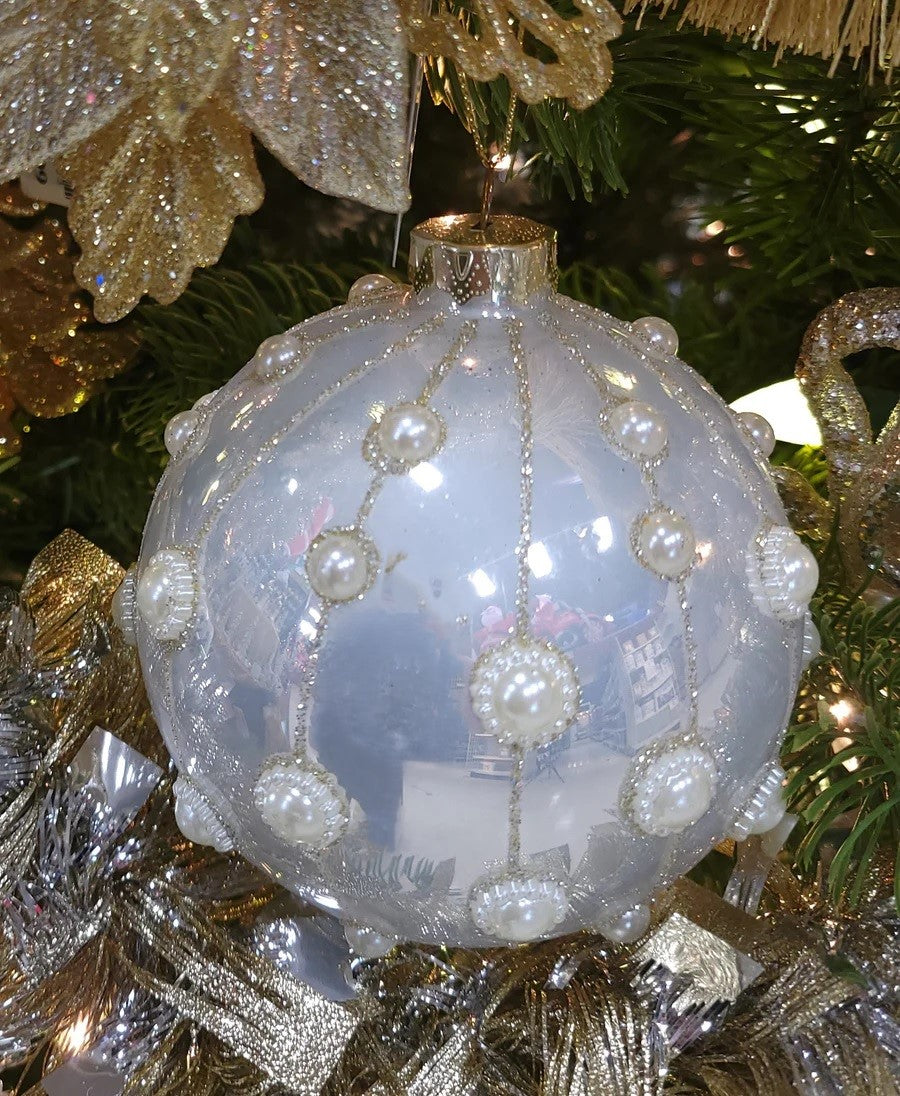 4" Pearl Embellished White Glass Christmas Ornament