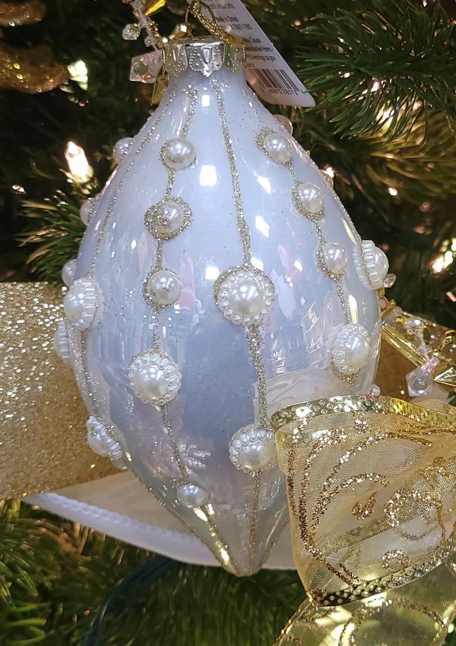 4" Pearl Embellished White Glass Christmas Ornament