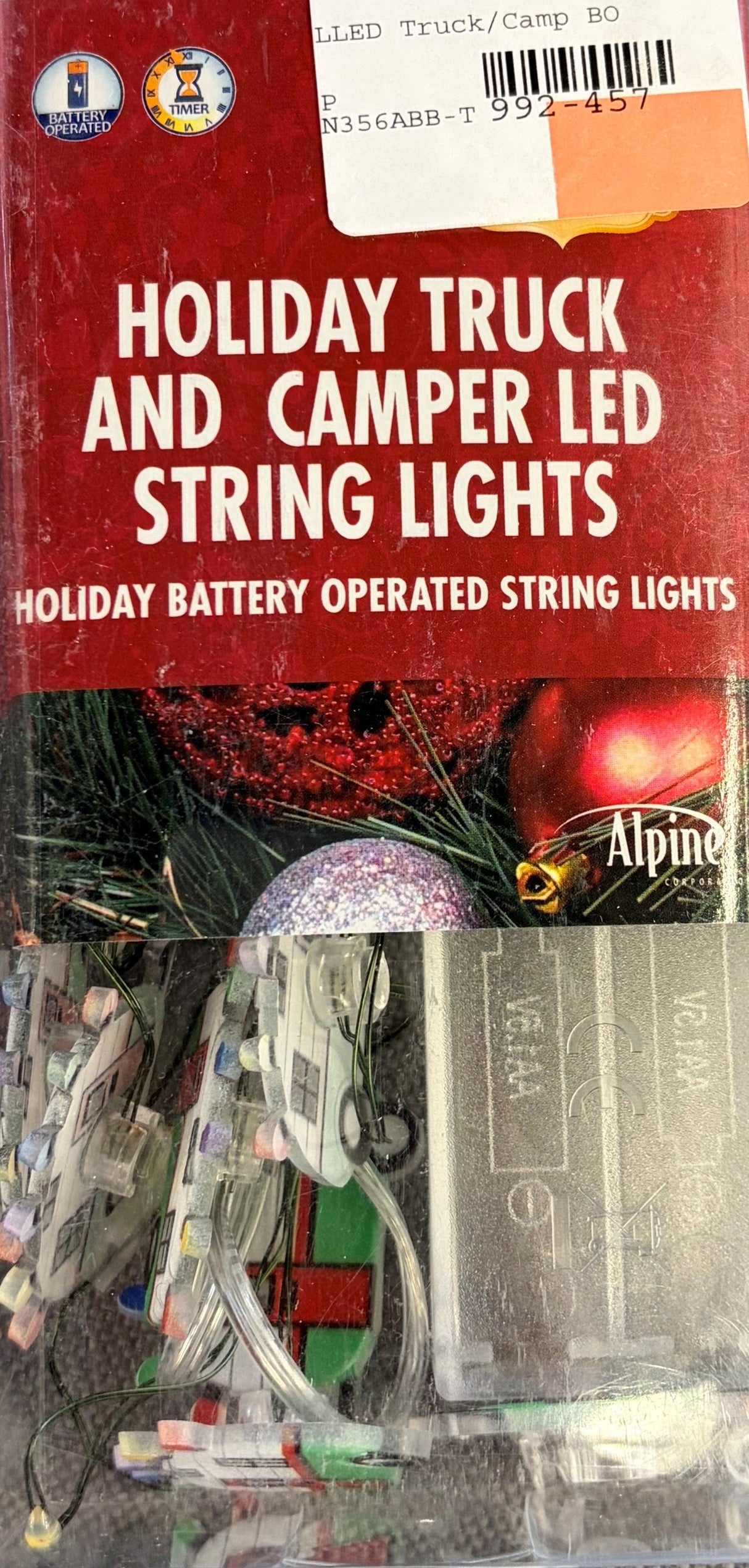 This image shows the packaging that these lights come in. It reads "Holiday Truck and Camper LED String Lights. Holiday bettery operated string lights."