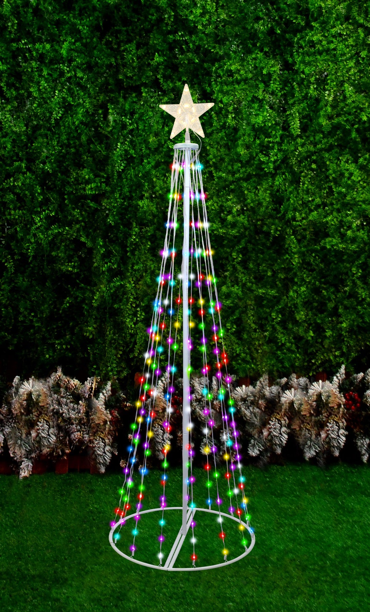 Cone tree pre-lit with LED lights. One measures 6 ft. tall and one measures 4 ft. tall.