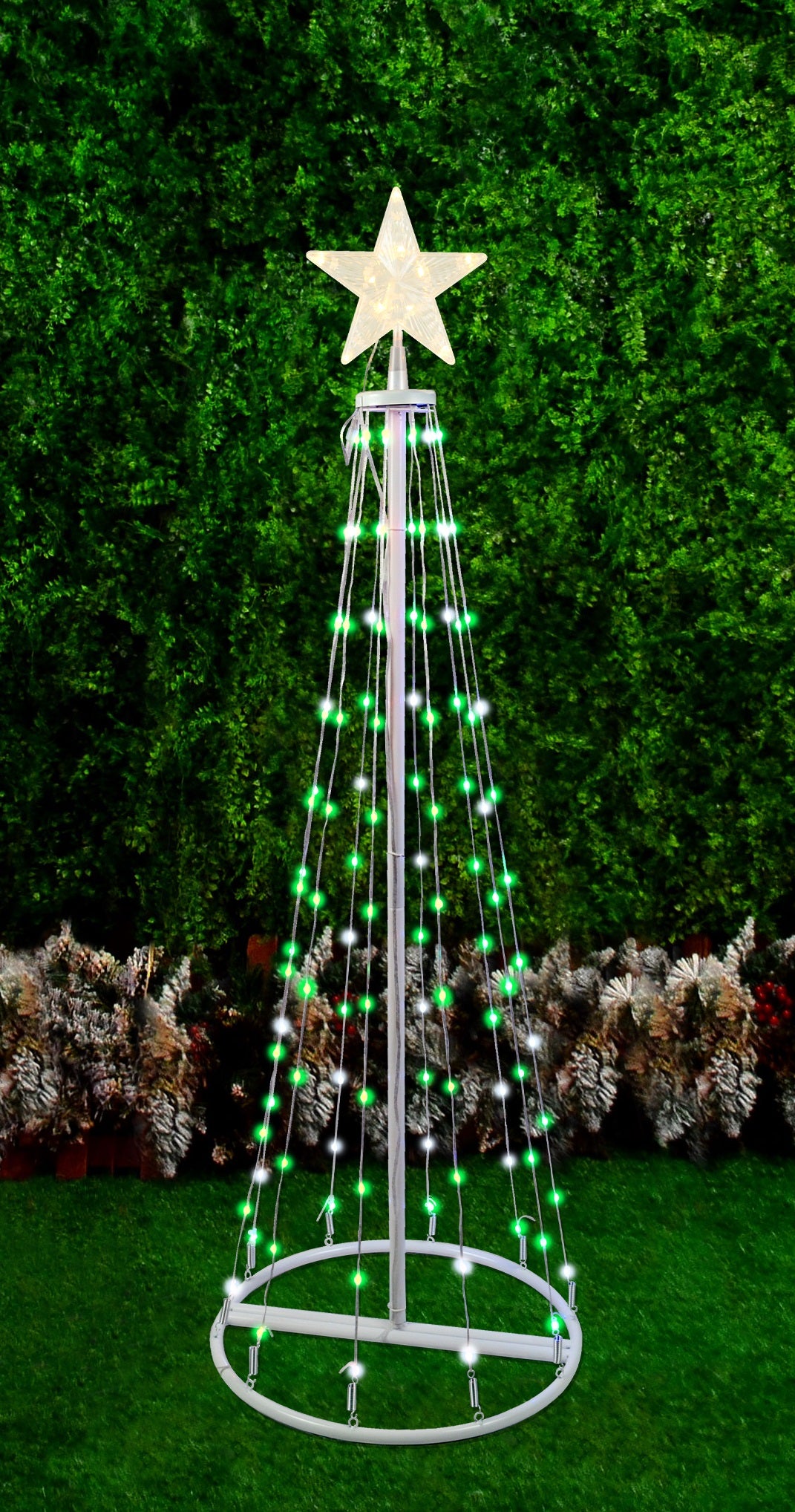 Cone tree pre-lit with LED lights. One measures 6 ft. tall and one measures 4 ft. tall.