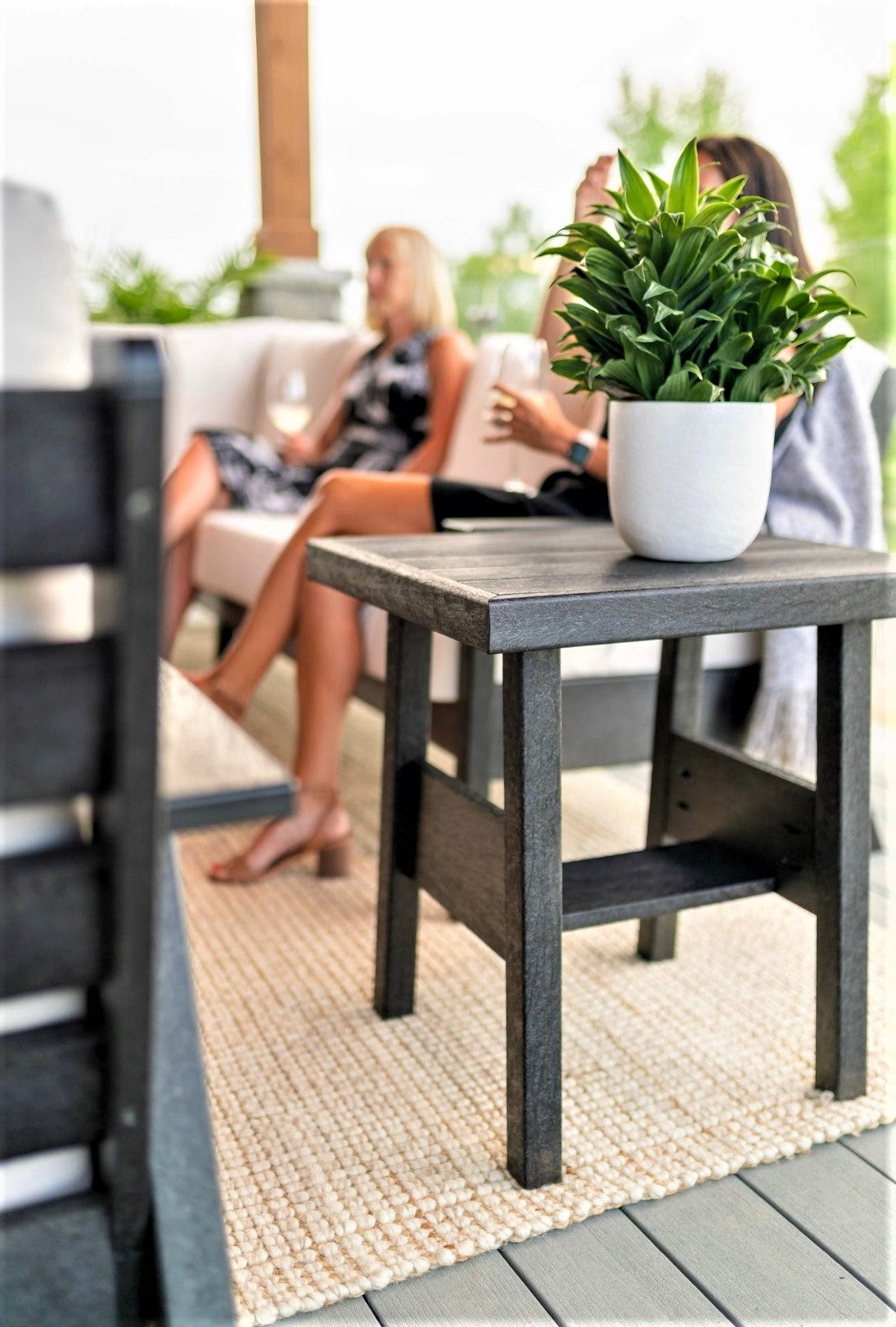 A close up view of a small, black end table with a succulent on top