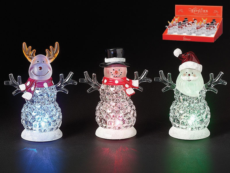 Tabletop decorations shaped like snowmen. One is a Santa "snowman," one is a reindeer "snowman," one is a bear "reindeer" and one is a traditional snowman. The belly of each looks like they're made of ice. There are lights inside that change colors.