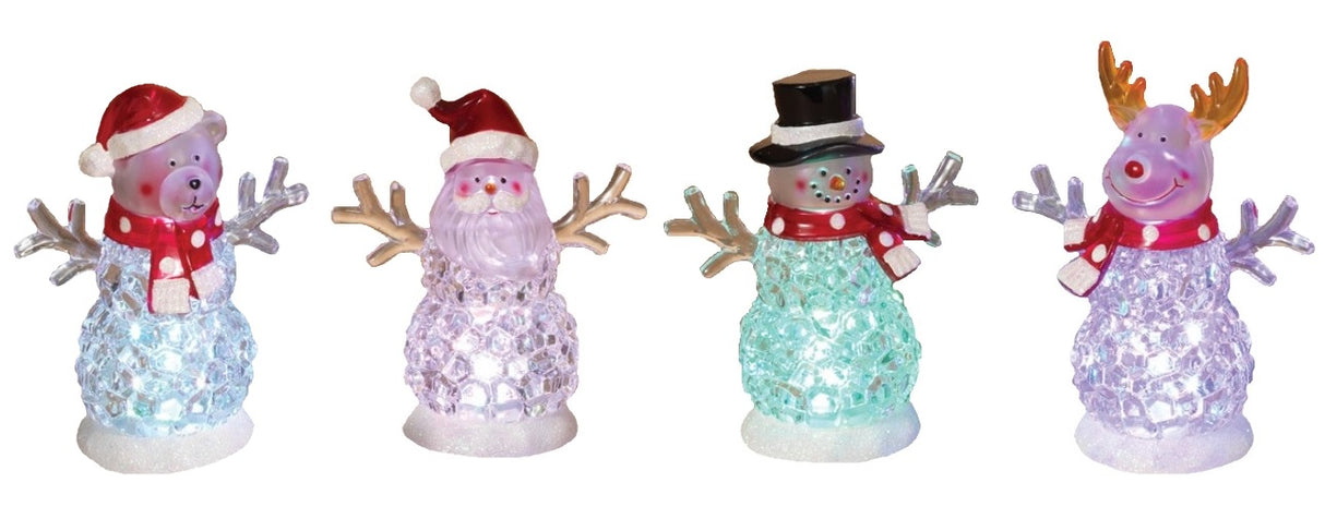 Tabletop decorations shaped like snowmen. One is a Santa "snowman," one is a reindeer "snowman," one is a bear "reindeer" and one is a traditional snowman. The belly of each looks like they're made of ice. There are lights inside that change colors.