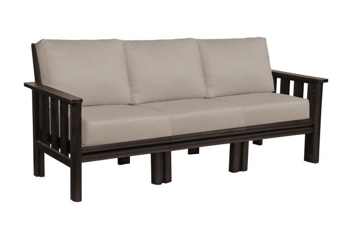 A brown resin sofa with tan cushions