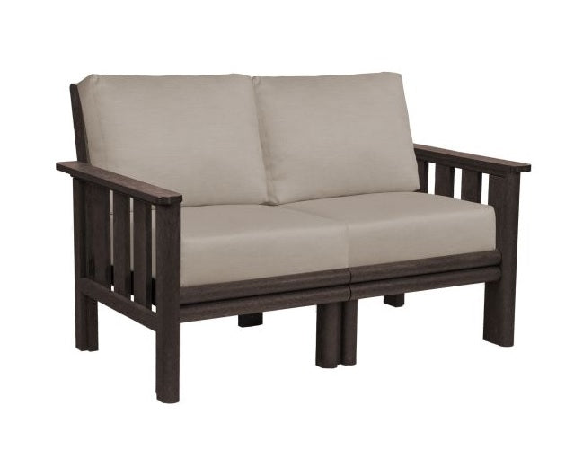 A brown resin couch with tan cushions