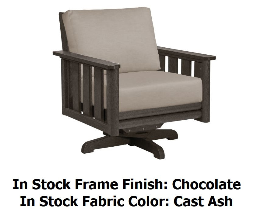 A brown resin armchair with tan cushions