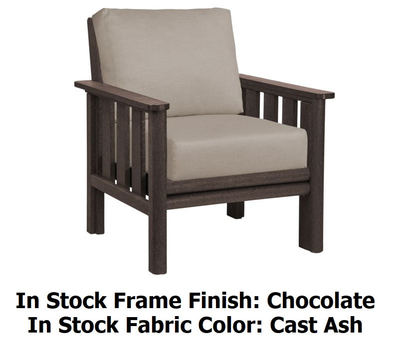 A brown resin arm chair with a tan cushion