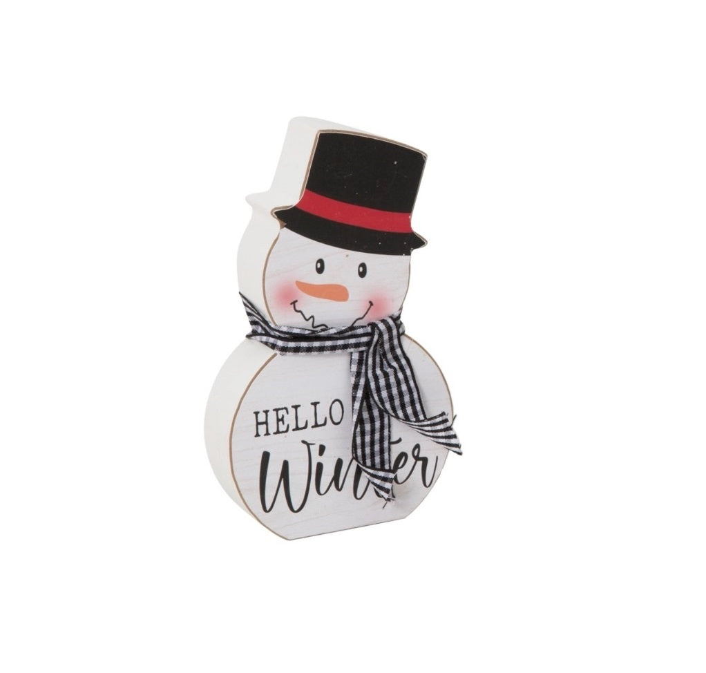 This one is shaped like a snowman wearing a top hat and reads "Hello Winter."