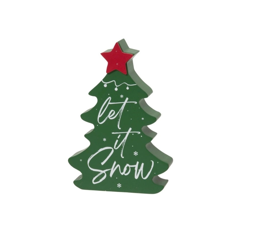 This one is shaped like a Christmas tree and reads "Let It Snow."
