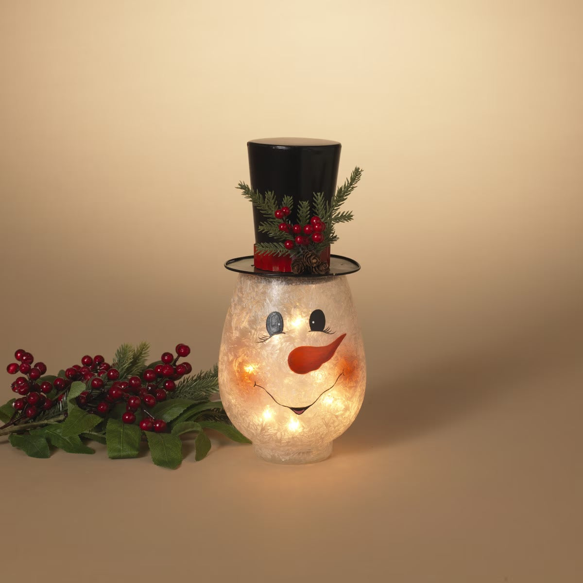 Frosted snowman head that lights up.