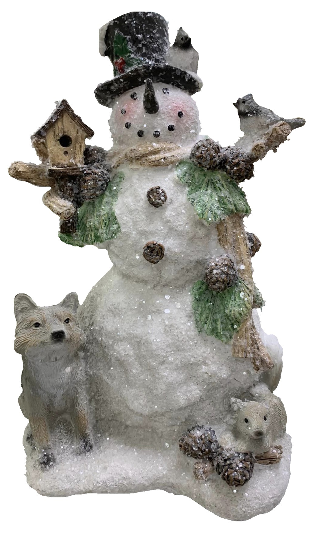 Snowman figurine covered in glitter. He's wearing a top hat and holding a birdhouse. There's a fox and a squirrel at the base and birds on top. There are pine cones and pine needles.