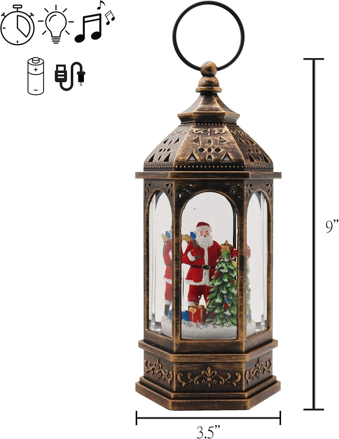 Bronze lanterns with snow globe inside. One lantern features a snowman with two kids. One lantern features Santa with a tree. One lantern features a decorated tree with presents underneath. There's swirling glitter and lights inside.
