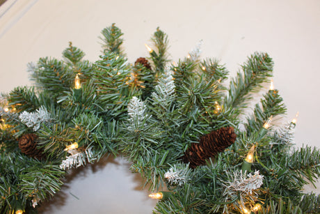 30" Pre-Lit Montana Wreath with White Tips and Pine Cones