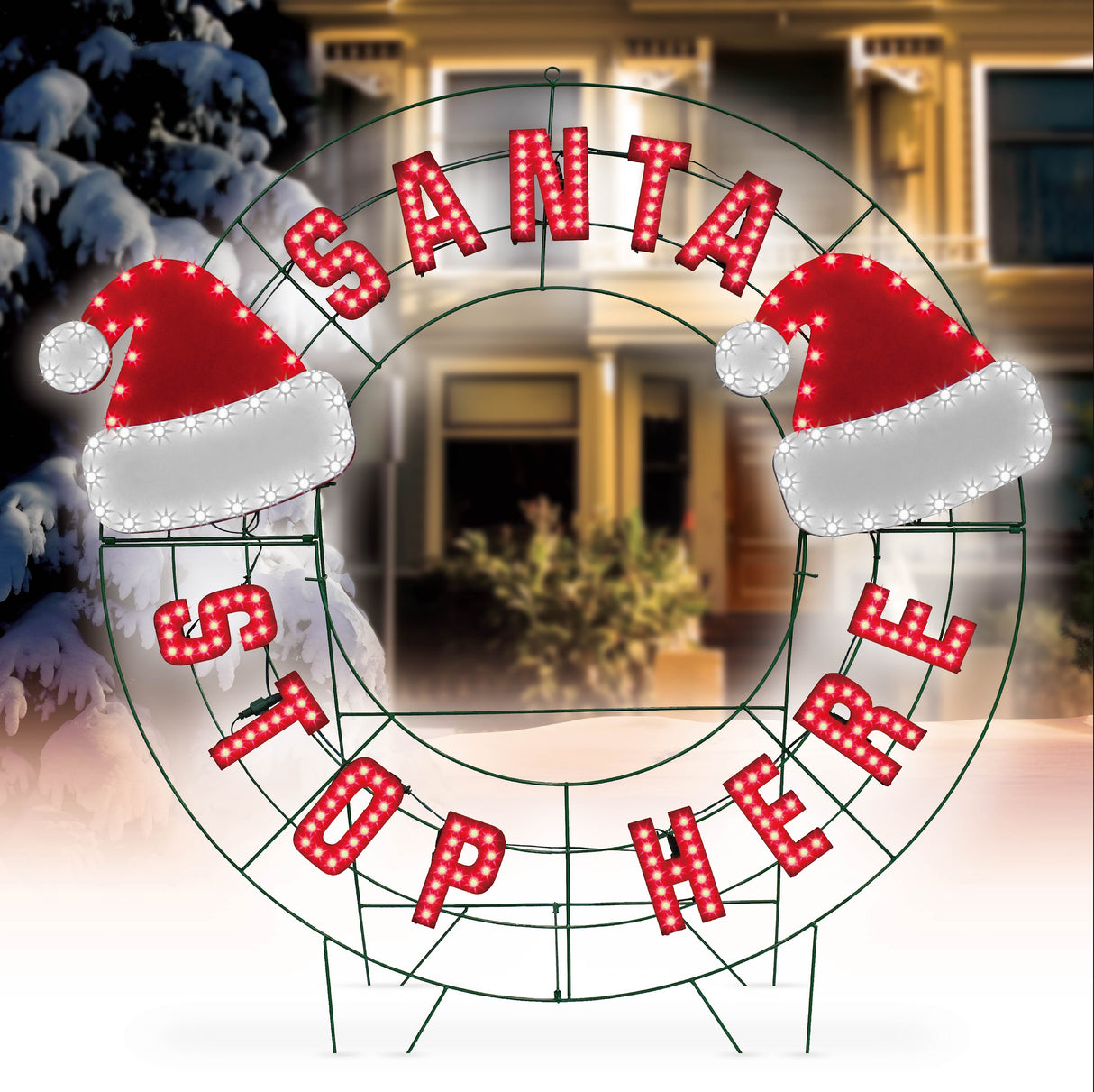 LED outdoor decoration that reads "Santa Stop Here." The text is red. It also features two Santa hats.