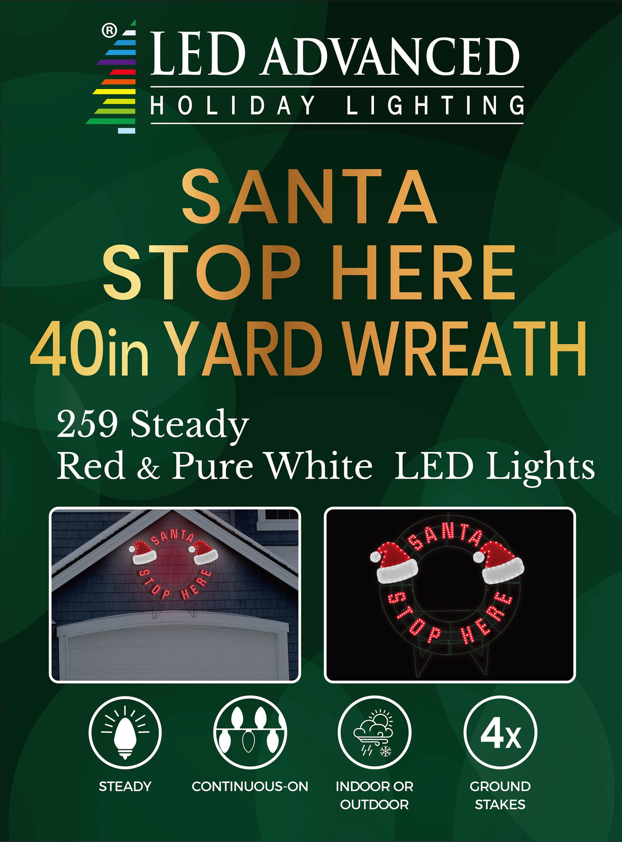 LED outdoor decoration that reads "Santa Stop Here." The text is red. It also features two Santa hats.