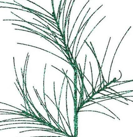 Pick spray covered in emerald green glitter and designed to look like stems made from pine needles.