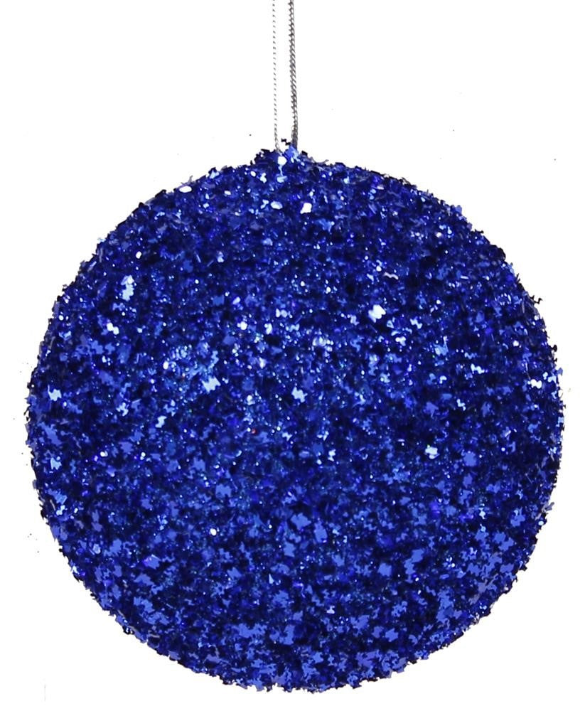 Round ornament covered in blue tinsel glitter.