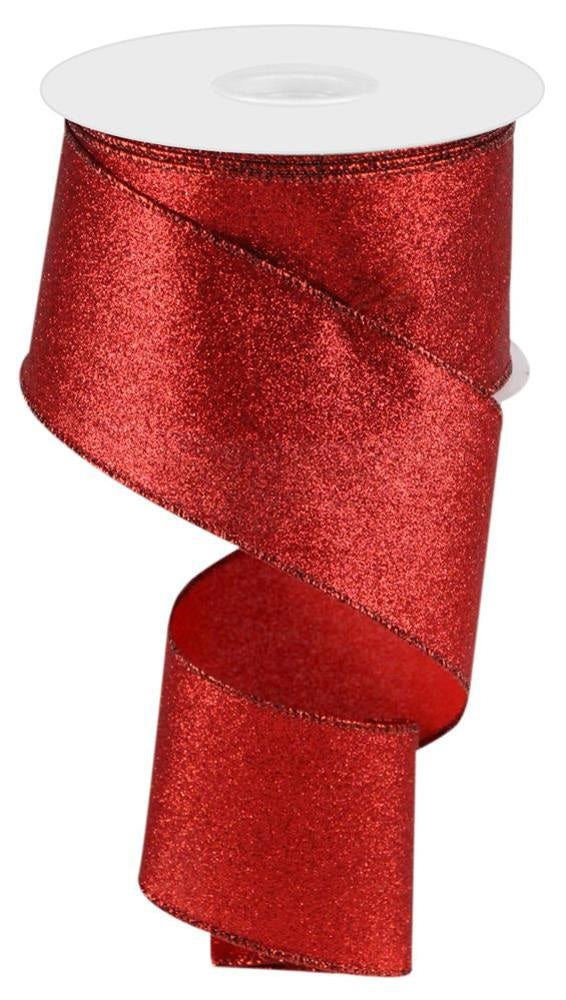 Red shimmer glitter ribbon for decorating.