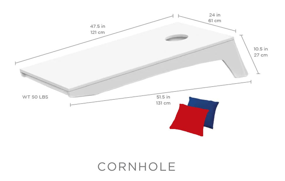 This image shows the dimensions of the cornhole board. The top side measures 47.5 inches. The bottom side measures 51.5 inches. The top of the back of the board measures 24 inches. The back legs measure 10.5 inches. It weighs 50 lbs.