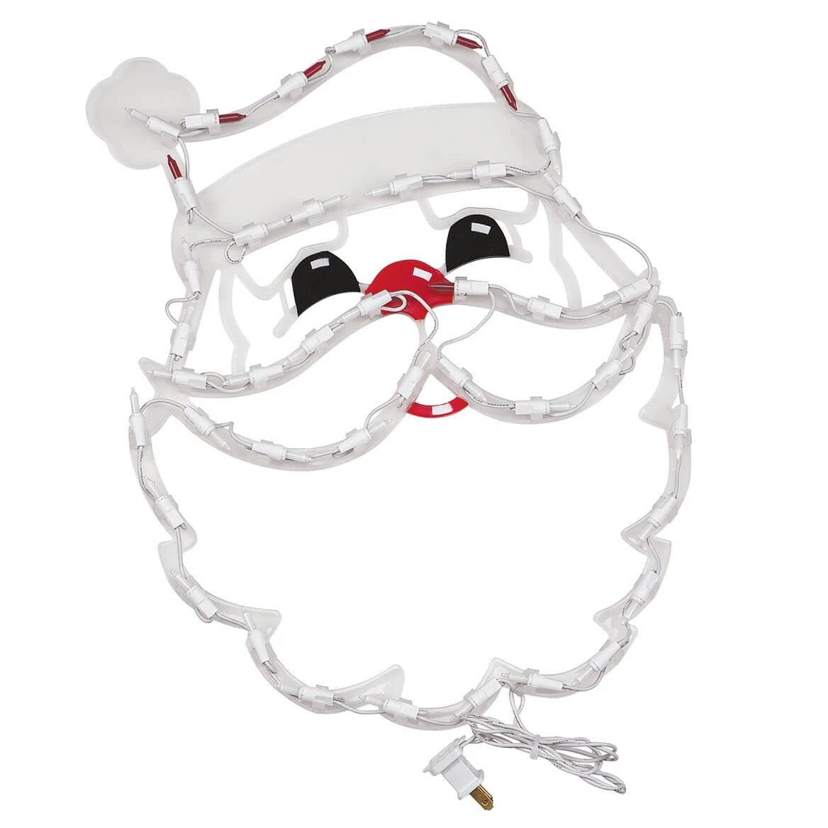 This image shows the Santa head silhouette on a white background. The hat is red and white. His eyes are black, his nose is red, his mustache is white, his mouth is red and his beard is white.