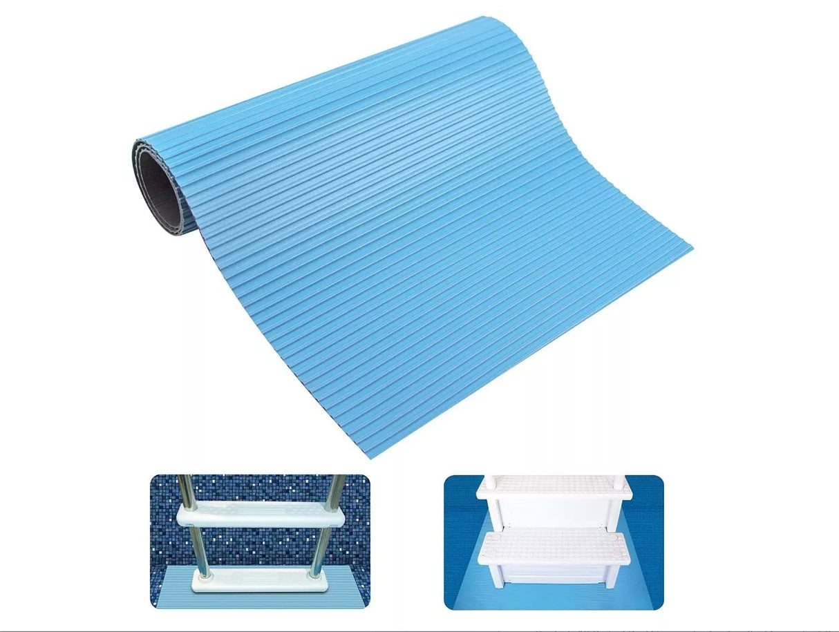 Blue, ribbed mat that goes under your pool ladder to protect it from scuffing up your pool liner. This image shows two different types of ladders with the mat underneath.