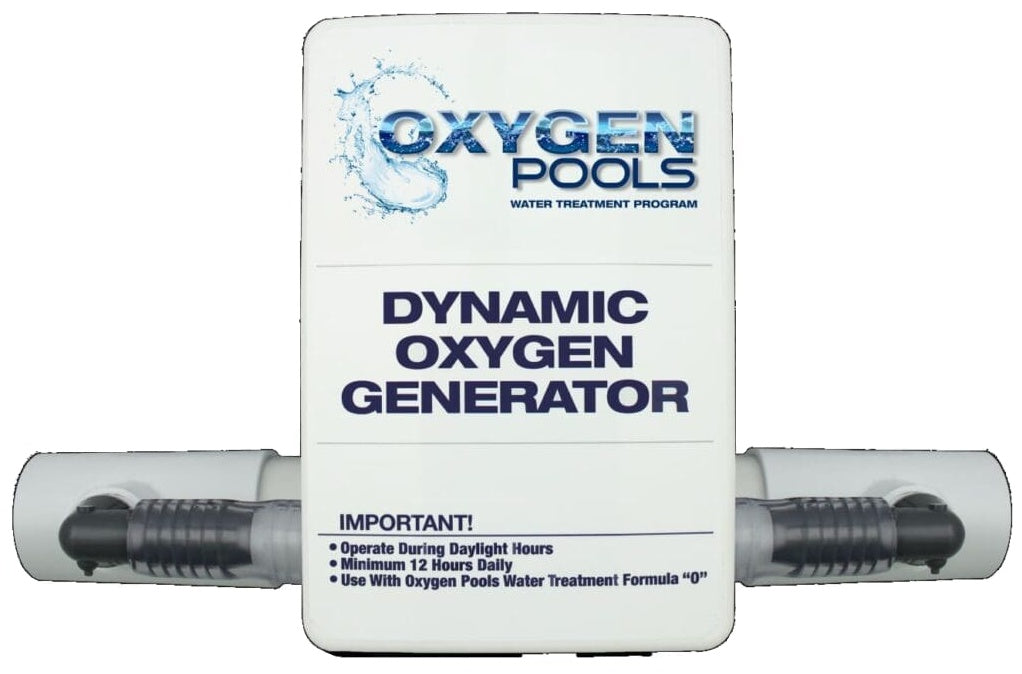 This image shows what this ozonator looks like on a white background. It reads "Oxygen Pools Water Treatment Program. Dynamic Oxygen Generator. Operate during daylight hours. Minimum 12 hours daily. Use with Oxygen Pools Water Treatment Formula 'O.' "