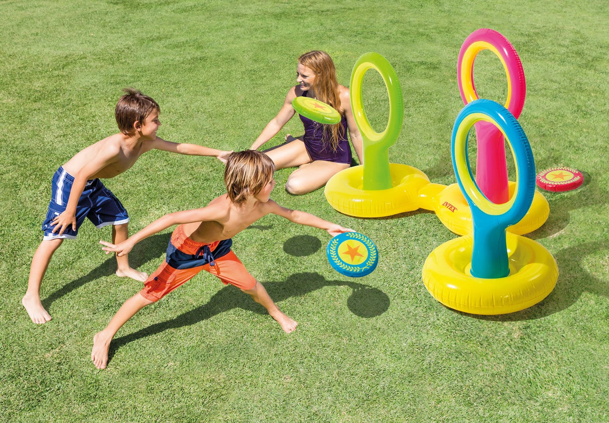 Three circular floating inflatable goals. The game is to throw the inflatable discs through the goals.