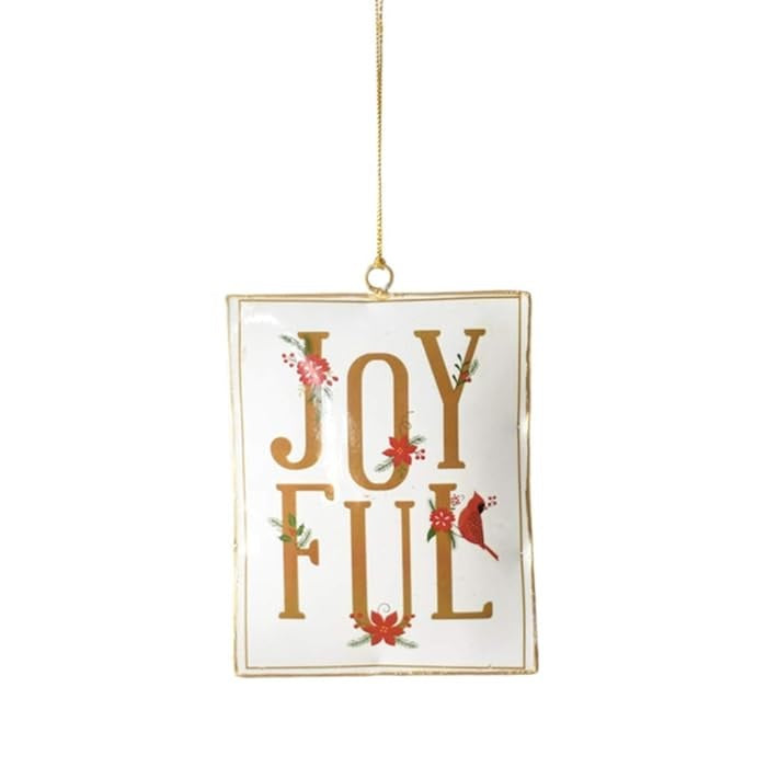 Decorative holiday ornament. This one is white and reads "Joyful" with each letter featuring a small detail like a flower, a poinsettia, holly leaves and berries and a cardinal.