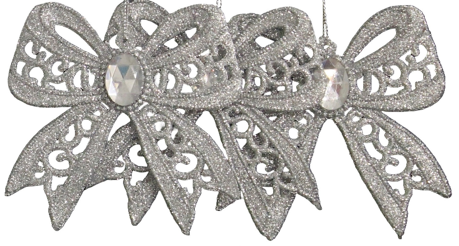 3-Pack of Silver & White Glitter Bow Ornaments