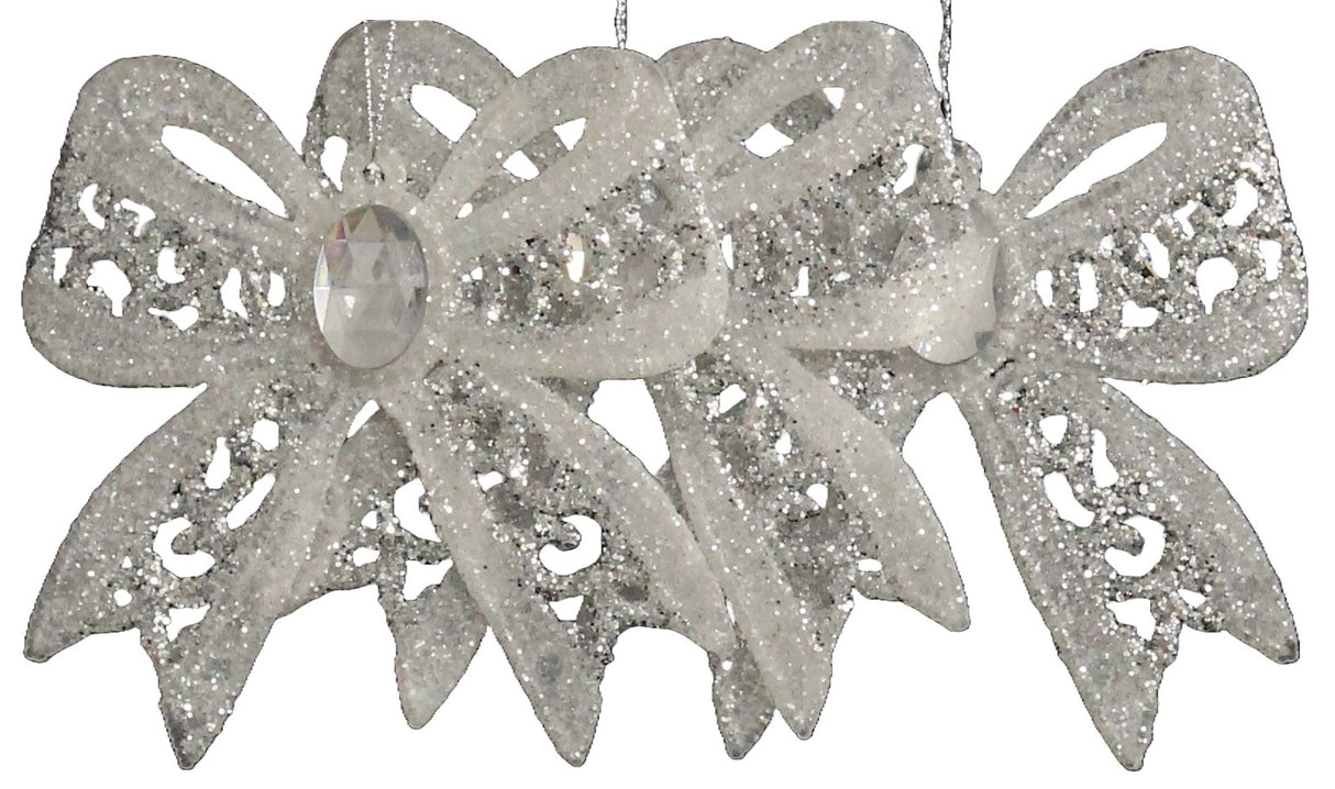 3-Pack of Silver & White Glitter Bow Ornaments