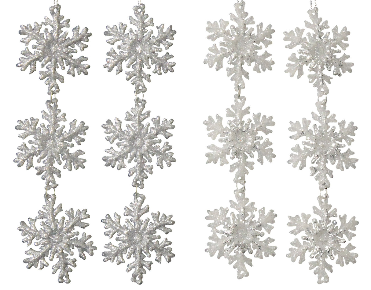 2-Pack of Silver/White Glitter 3-Tier Snowflake Ornaments