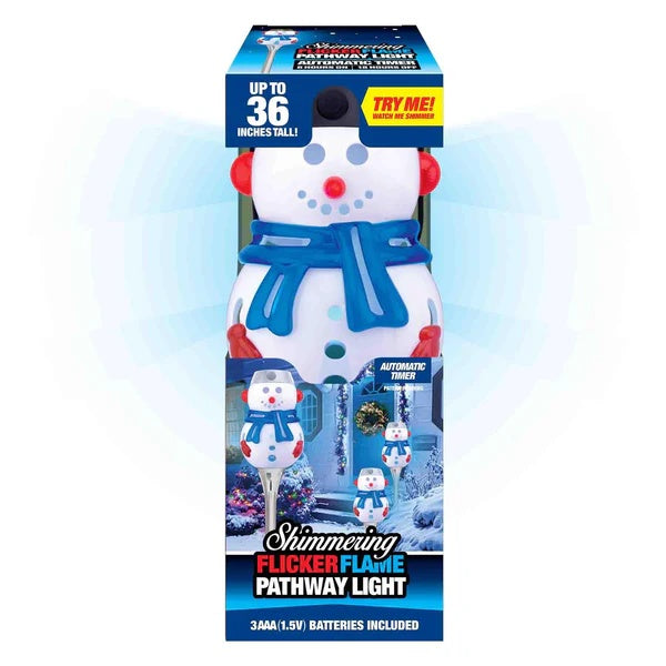 This image shows the box that this pathway light comes in. It reads "Up to 36 inches tall. Automatic timer. Shimmering flicker flame pathway light. 3 AAA (1.5V) batteries included."