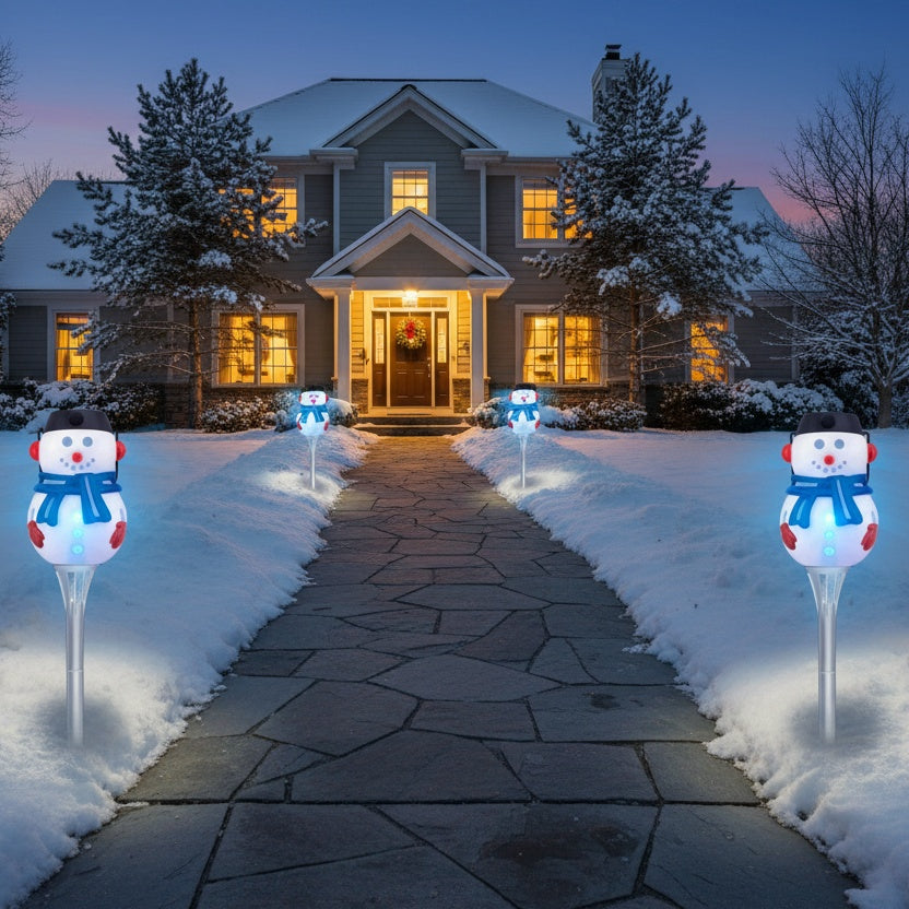 This is a lifestyle image showing four of these snowman pathway lights in the snow in front of a house on a snowy day.