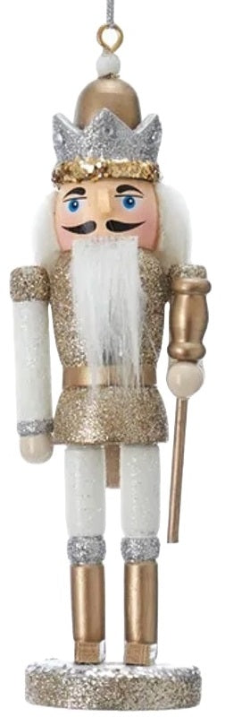 A glittery nutcracker ornament.