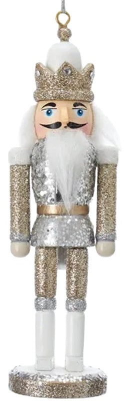 A glittery nutcracker ornament.