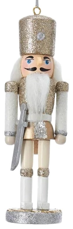 A glittery nutcracker ornament.