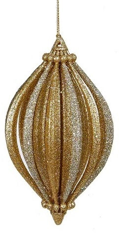 Finial-shaped ornaments featuring a vertical texture finished in glitter in varying, corresponding shades of gold.