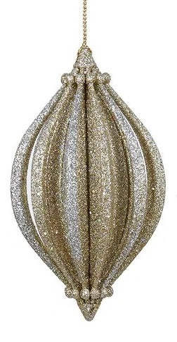 Finial-shaped ornaments featuring a vertical texture finished in glitter in varying, corresponding shades of gold.