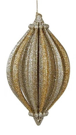 Finial-shaped ornaments featuring a vertical texture finished in glitter in varying, corresponding shades of gold.